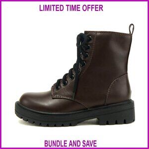 Lug Sole Combat Ankle Bootie with Side Zipper and Lace Up